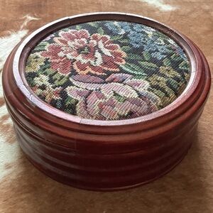 Vintage Wood Wooden Tapestry Round Jewelry Box